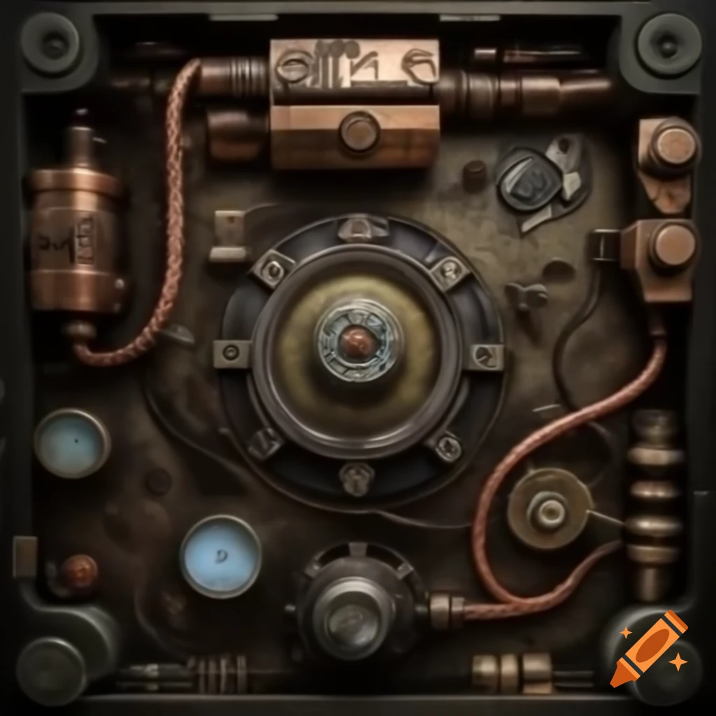 Intricate interior of an arcane machine with brass and copper components