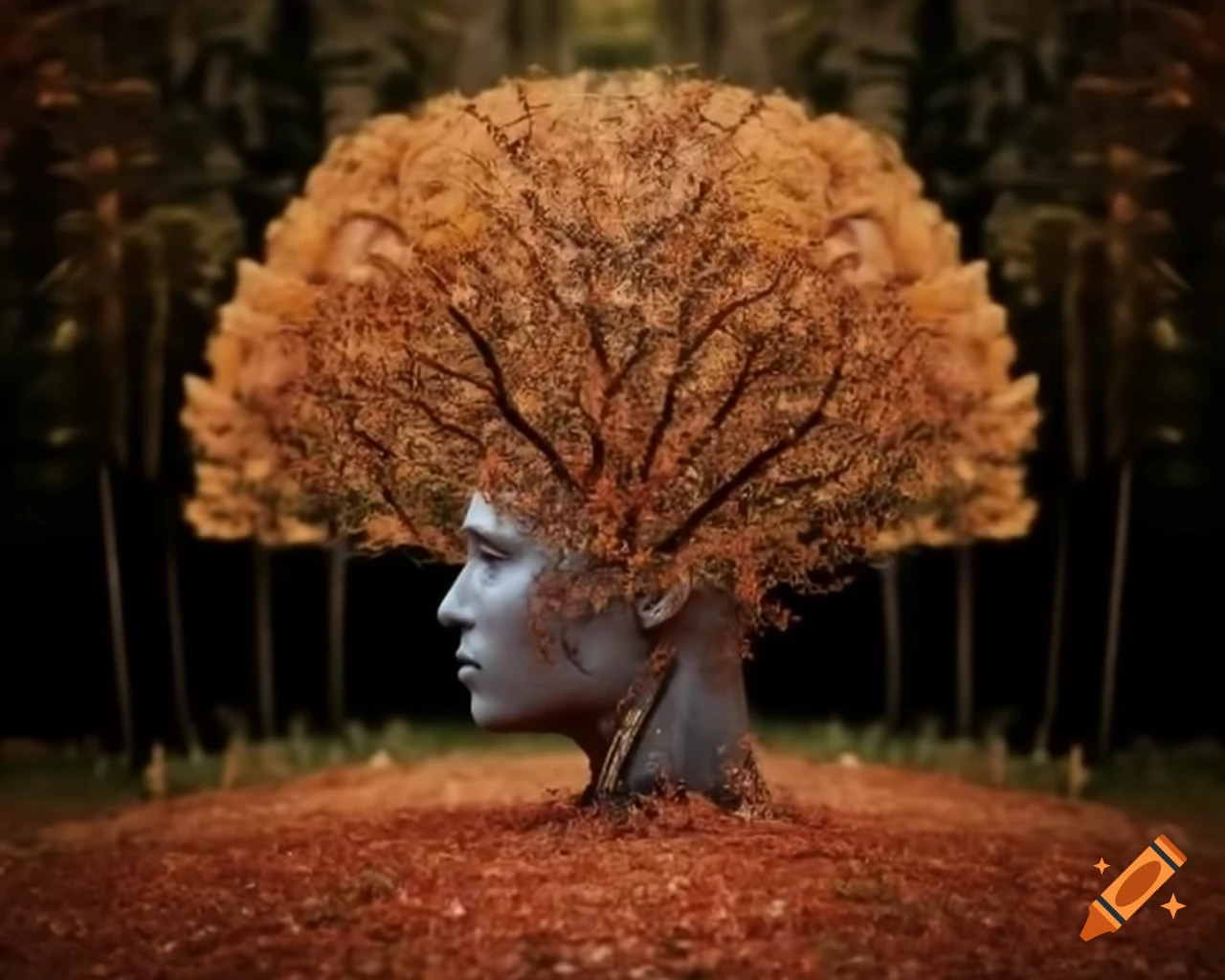 Tree branches and leaves resembling a head sculpture in autumn golden light