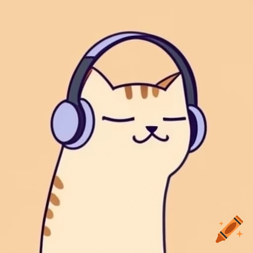 Faceless cat character wearing headphones on beige background