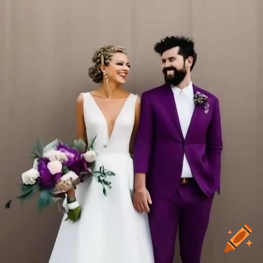 Casual bride and groom in purple attire