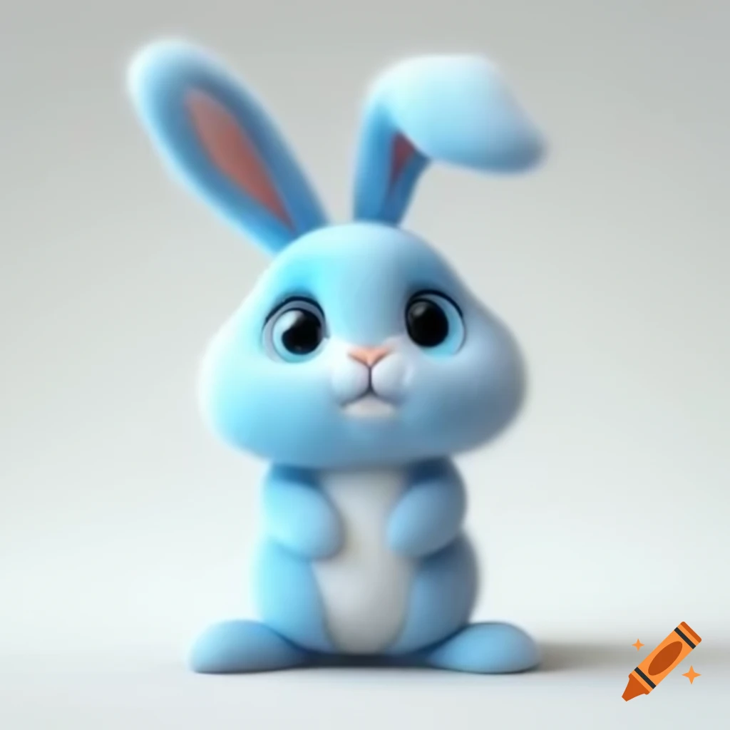 Cartoon stuffed rabbit with light blue fur standing upright