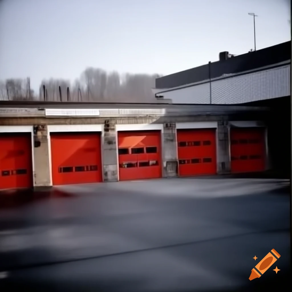 French fire station with parking and garage doors
