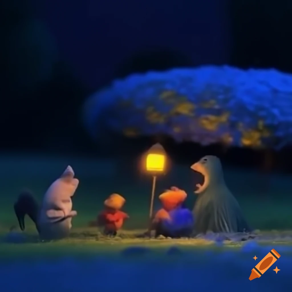 Animated night scene featuring humorous puppets