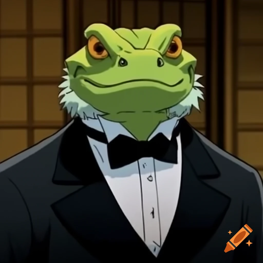 Bearded dragon in tuxedo illustrated in Studio Ghibli style
