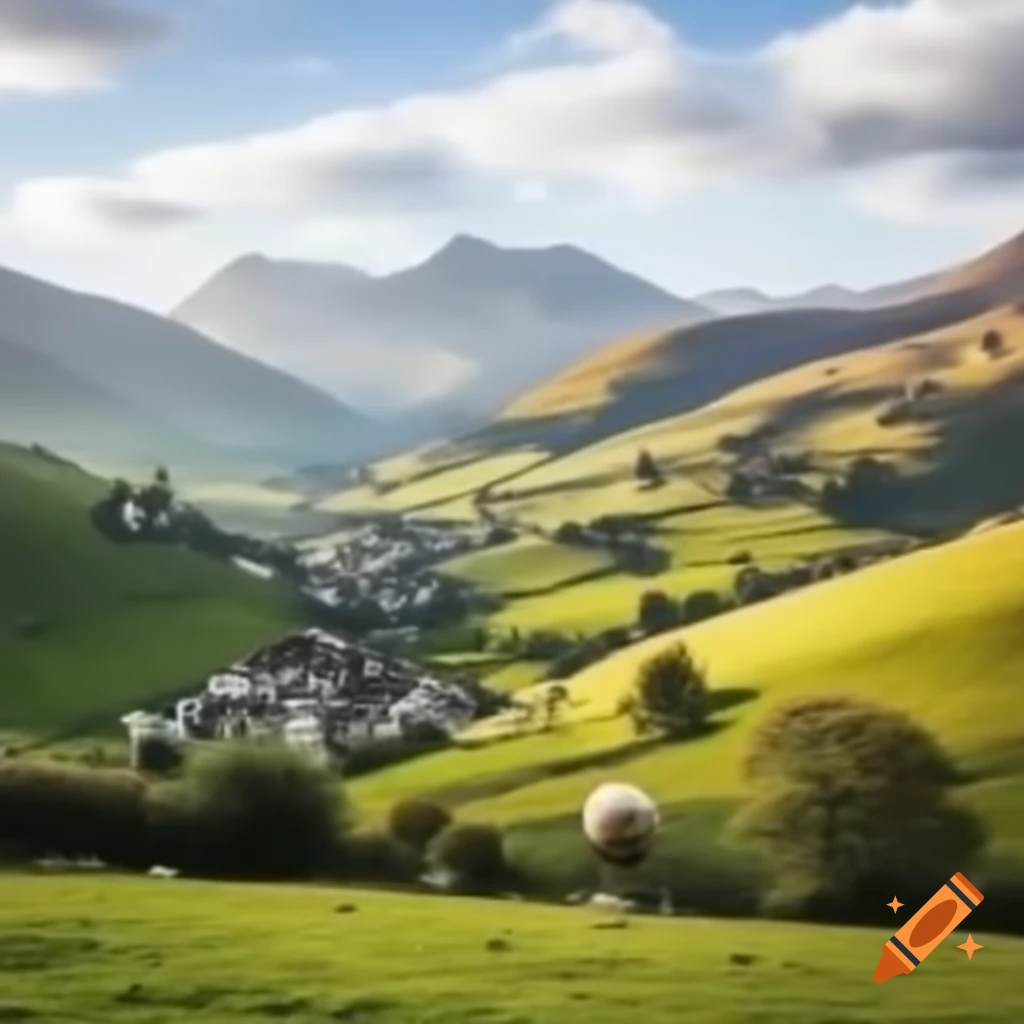 Landscape featuring mountains and a village