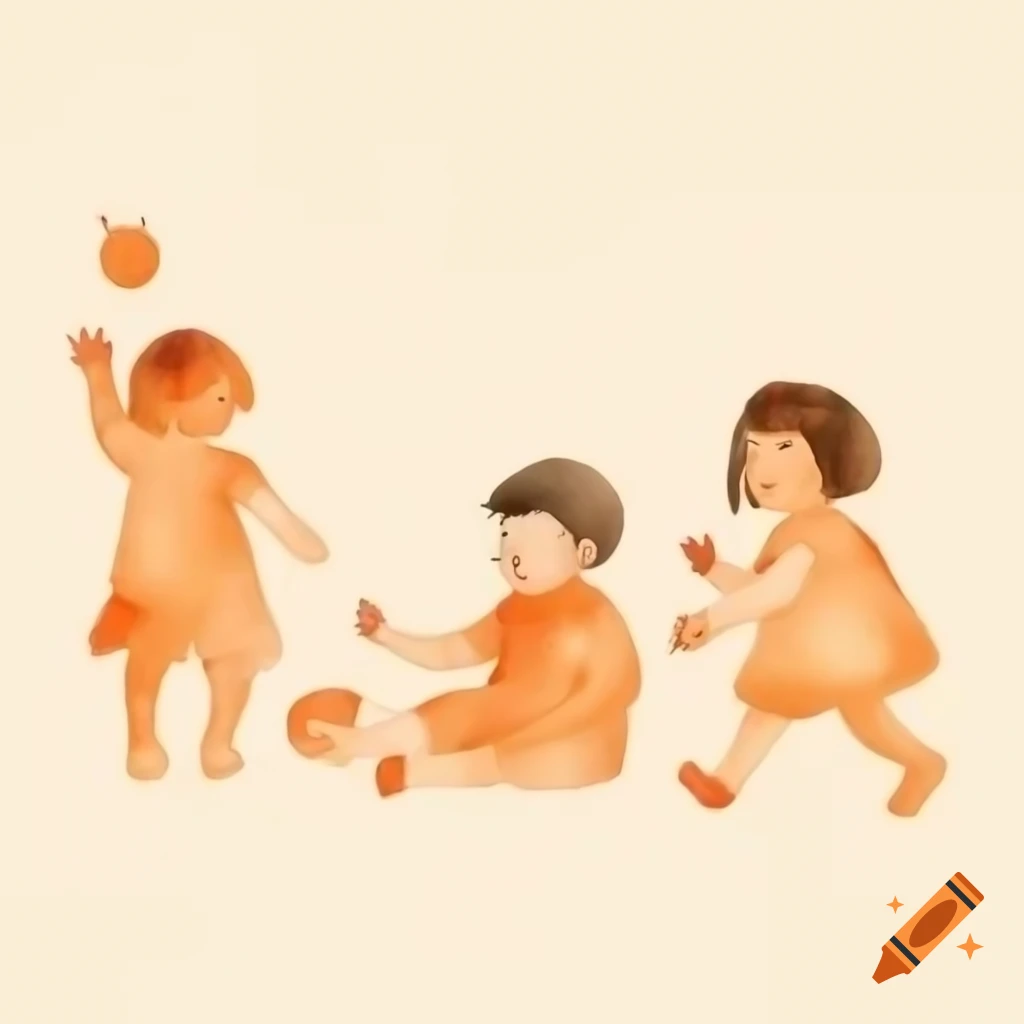 Children playing together in orange watercolor drawing