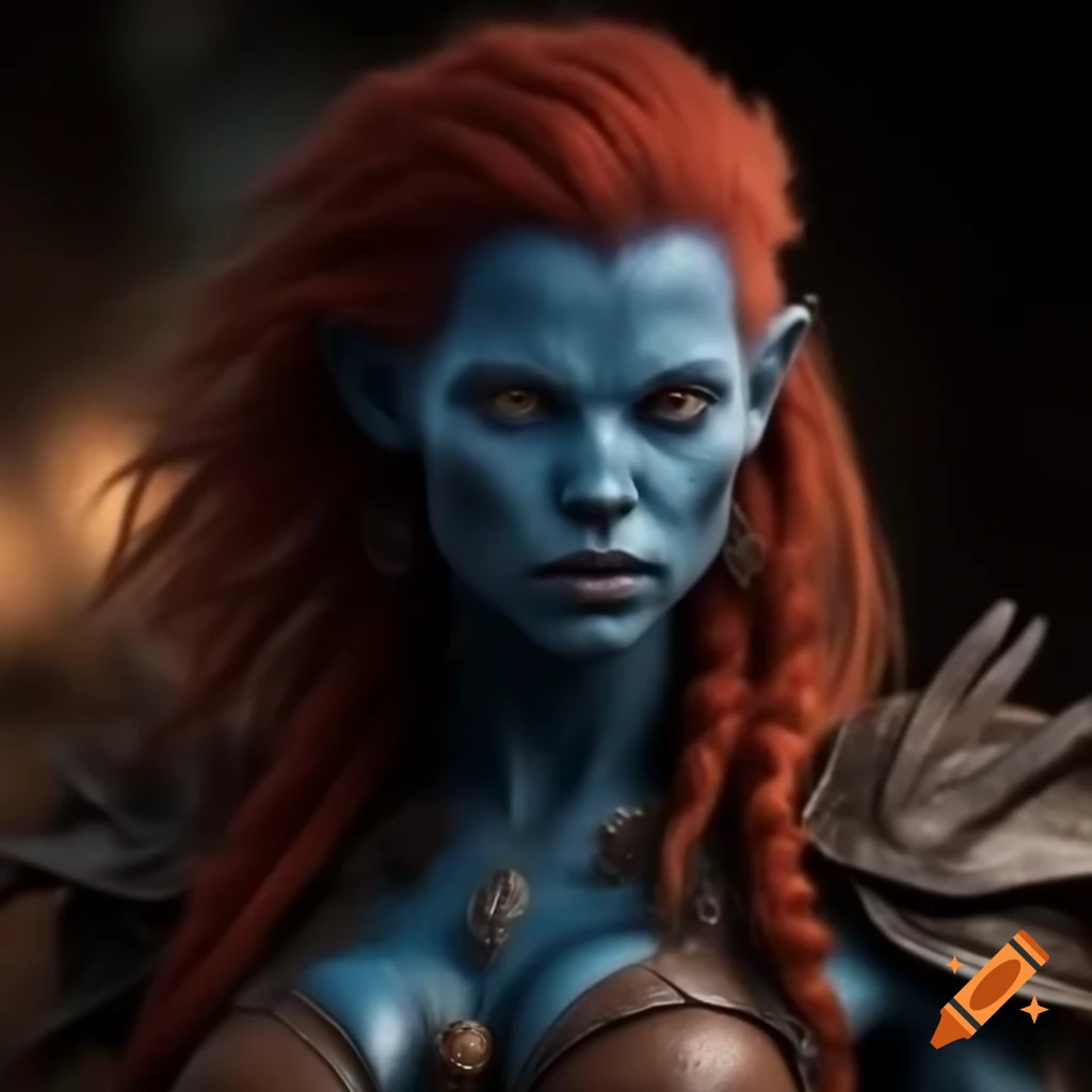 Blue-skinned, red-haired woman in leather armor with magical powers in Wild West setting