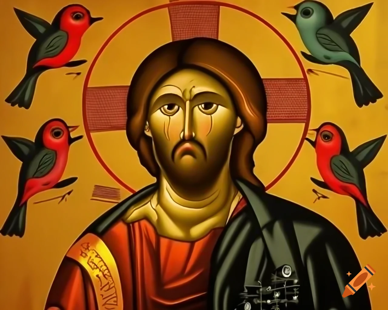 Byzantine mosaic of Jesus surrounded by birds and water by Svetoslav Roerich