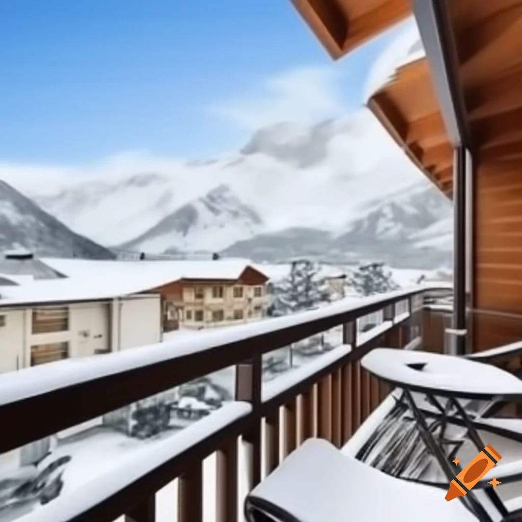 Snow covered hotel balcony with mountainous backdrop