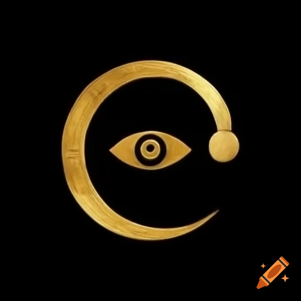 Crescent moon with eye symbol in gold on black background