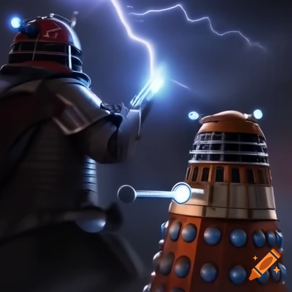 Two wizards in battle casting lightning spells against a Dalek
