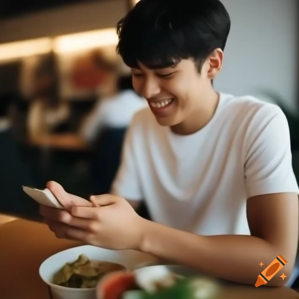 Young Asian male customer smiling while using smartphone during lunch break