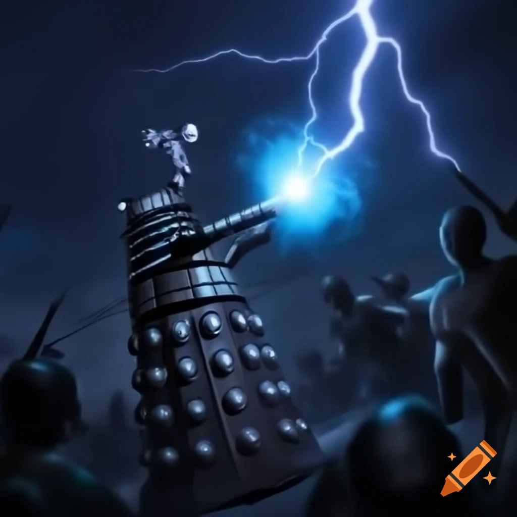 Two wizards in battle casting lightning spells against a Dalek