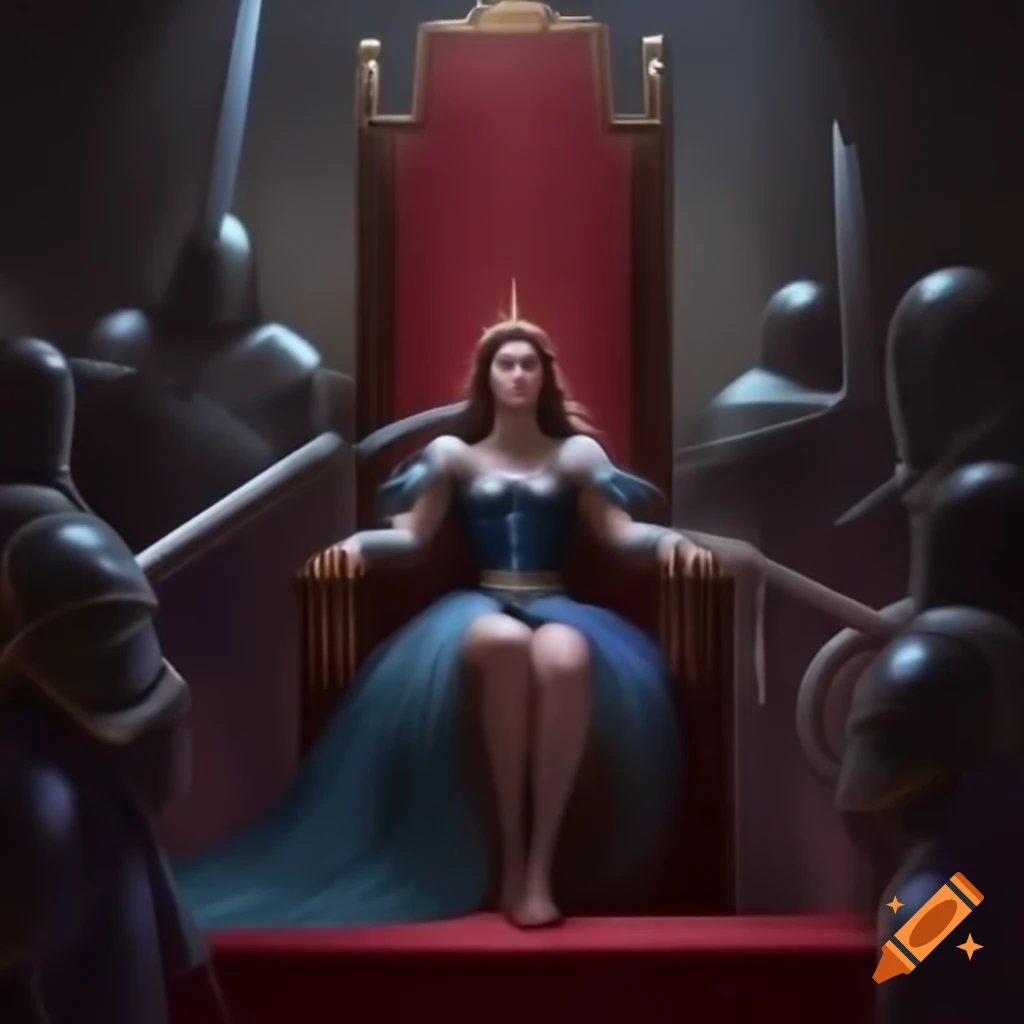 Queen on regal chair with sword and knights standing in front
