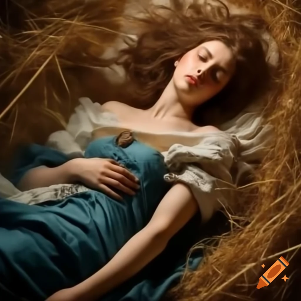 Virgin Mary relaxing on straw with a satisfied expression in a breezy setting