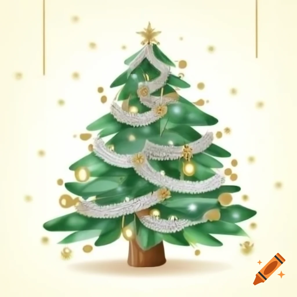 Evergreen Christmas tree decorated with silver and gold ribbons in watercolor style