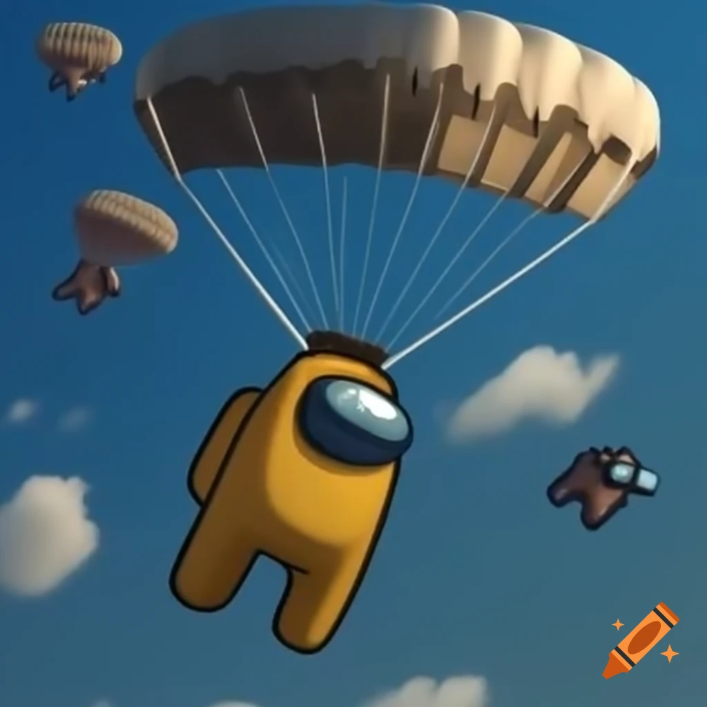 Among Us characters dressed as military parachutists