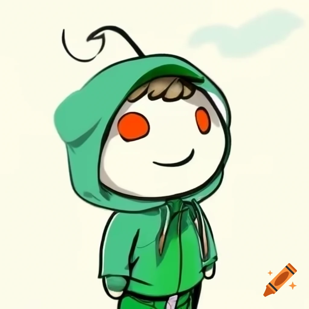 Cartoon character in green hood and hat with matching outfit