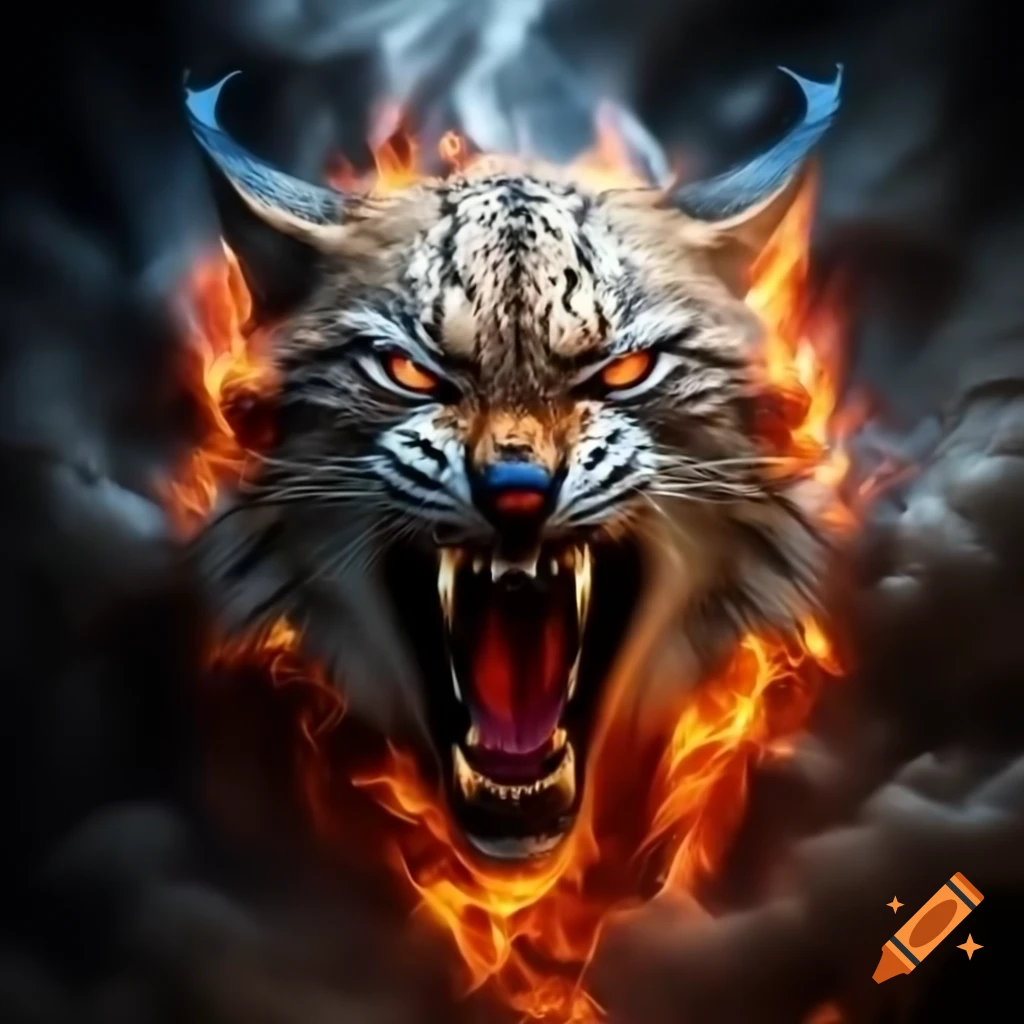 Flames shaped like a lynx emerging from red smoke with glowing eyes