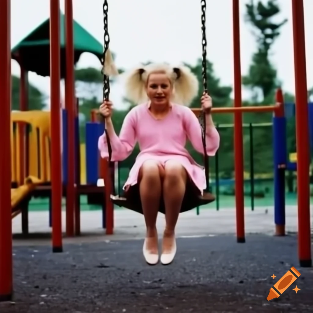 Tall woman with blonde pigtails swinging in playground wearing a pink dress