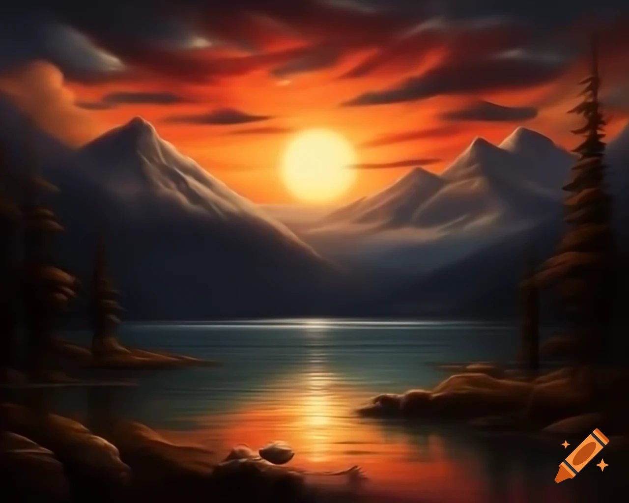 Photorealistic painting of sunset over mountain lake with god rays