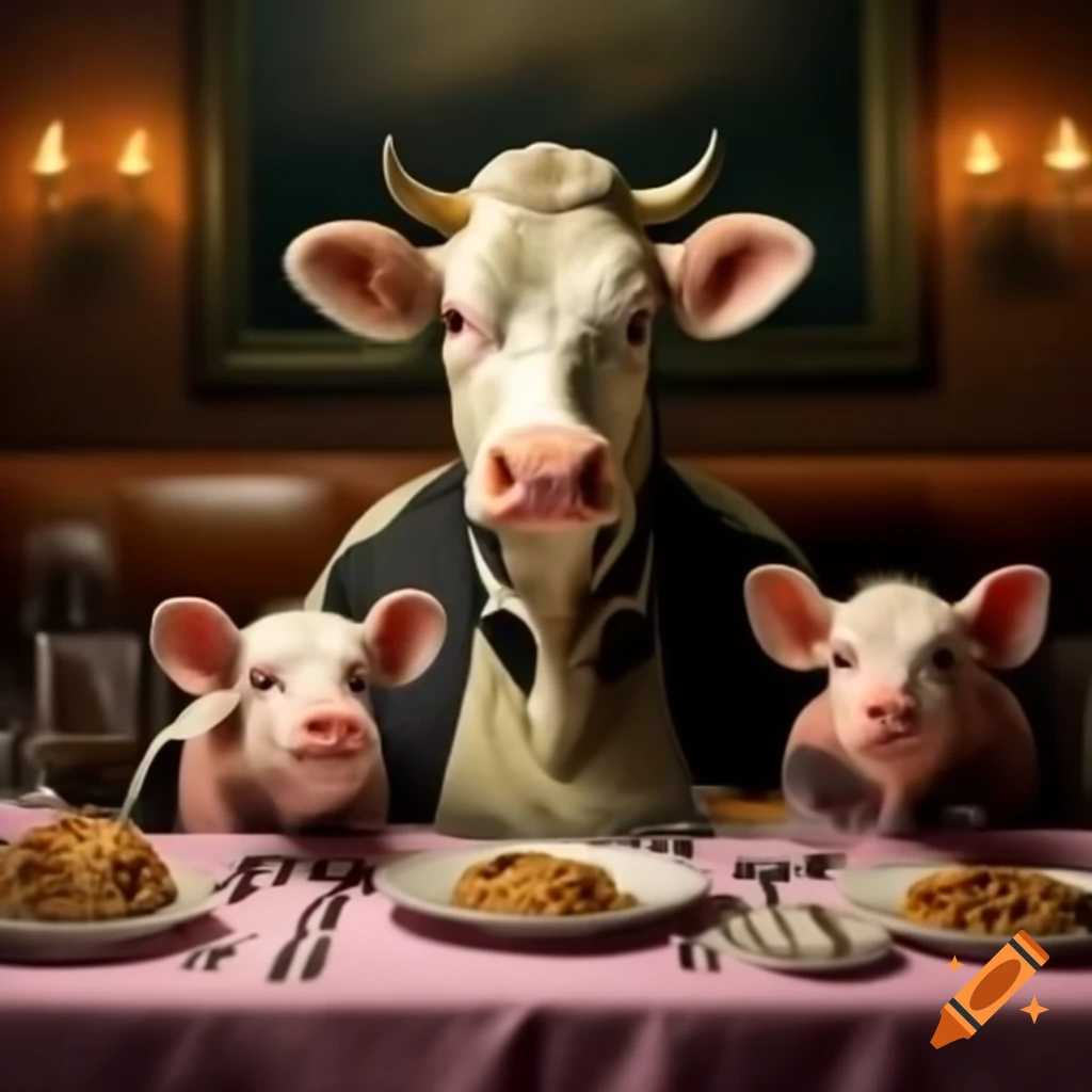 Cows and pigs gathered around a dinner table