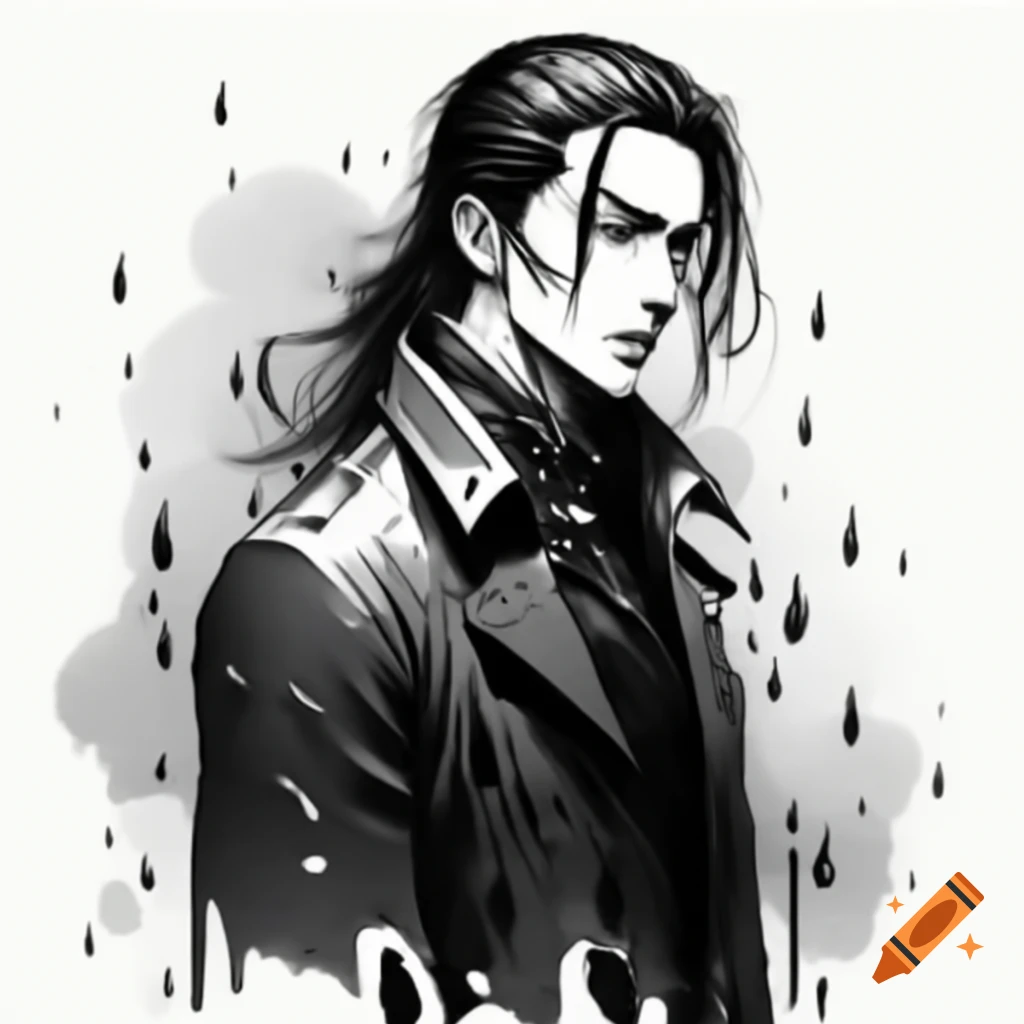 Ominous figure in black trenchcoat on dark rainy road, anime style