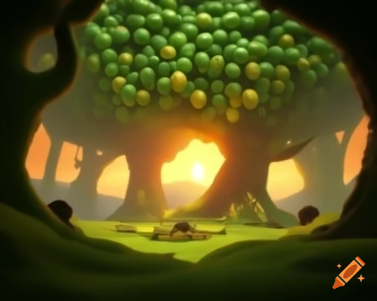 Surreal digital art of a lemon tree monster in warm hues and green