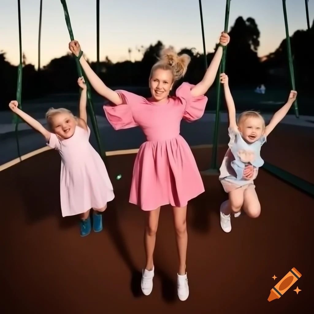 Carefree woman swinging in playground with children, joyful moment