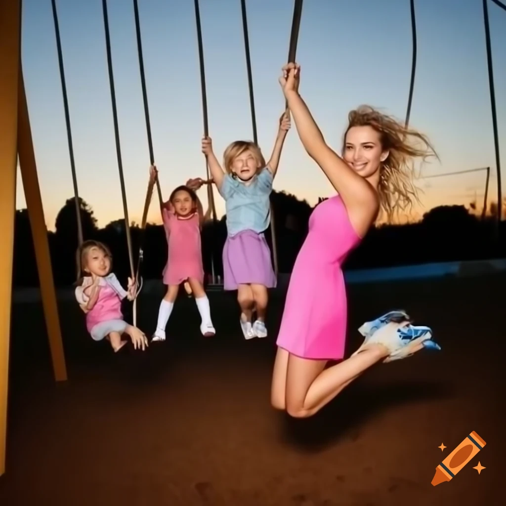 Carefree woman in pink dress enjoying swing at playground with children