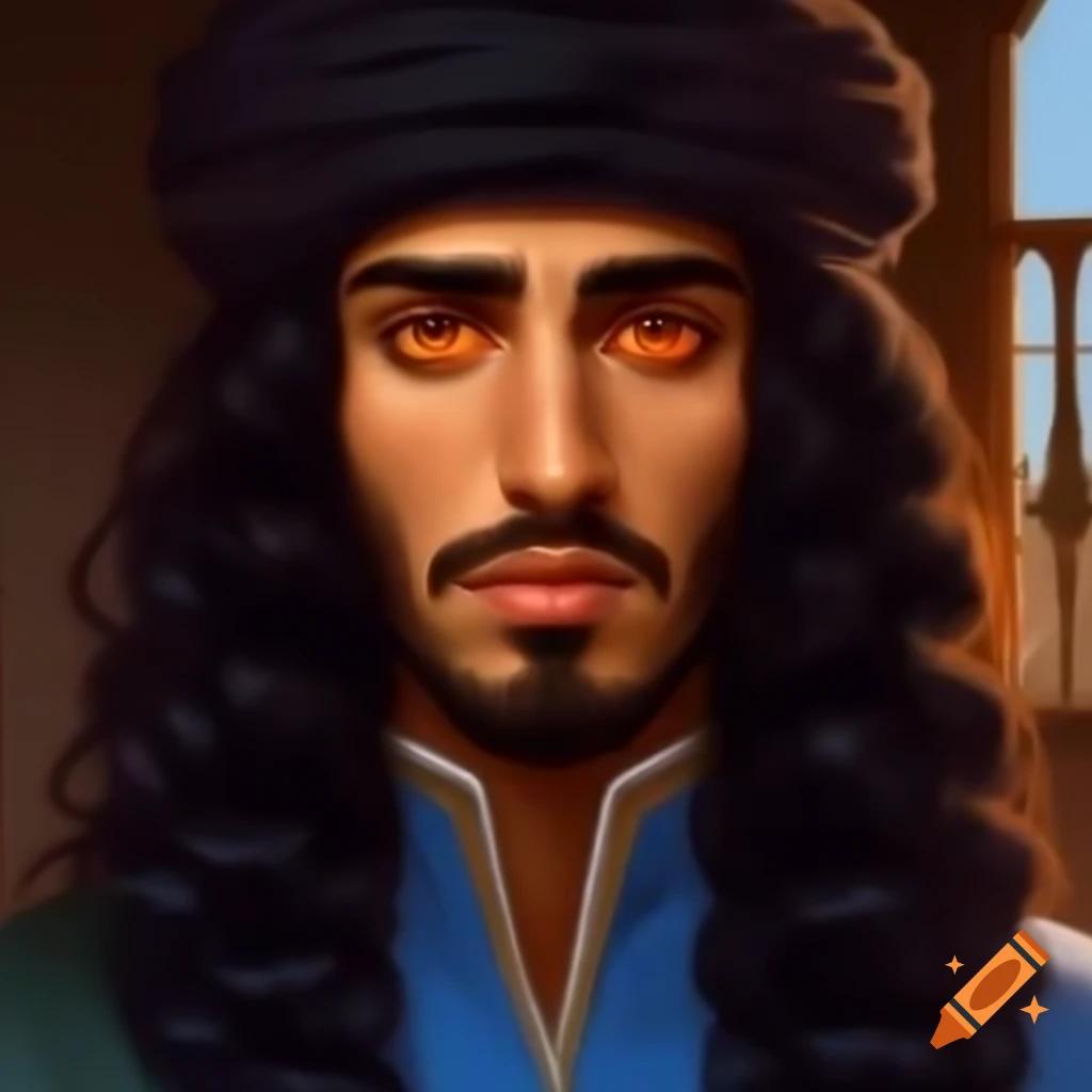 Stylized portrait of Arabic young man with curly hair and vibrant orange eyes in Renaissance style