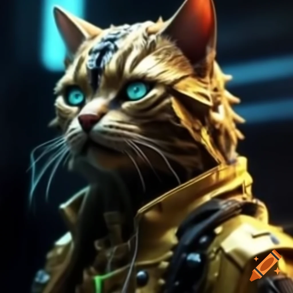 Glowing golden evil cat deity in cyberpunk style