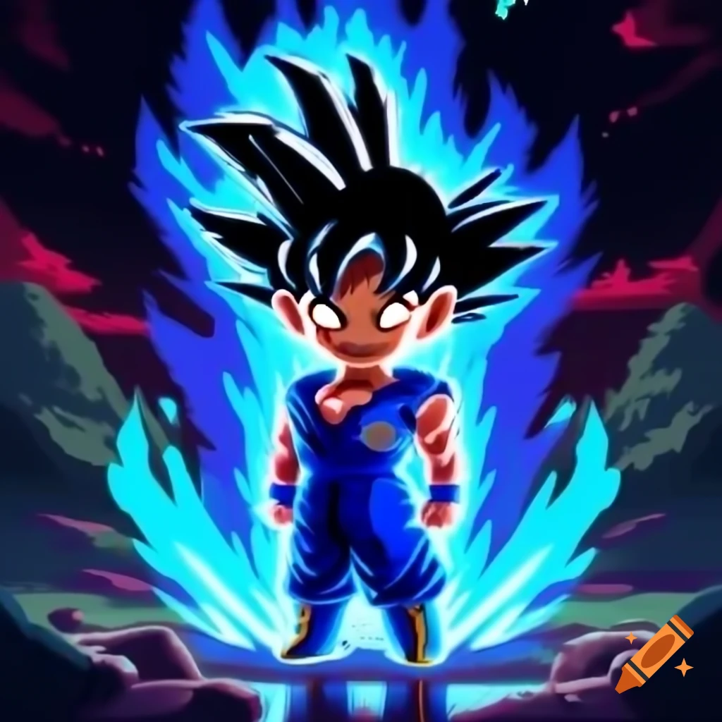 Sangoku in Super Saiyan form with blue aura, pixel art style