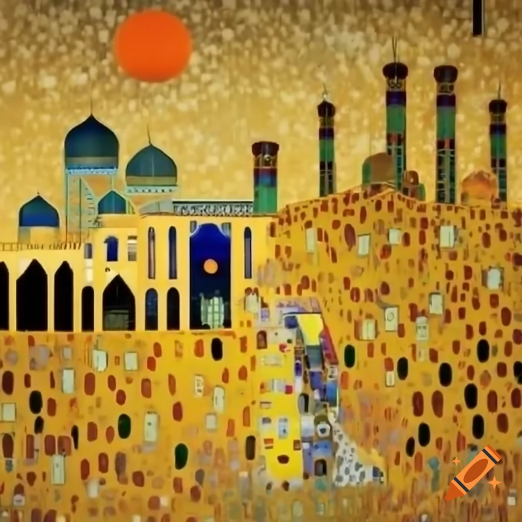 Shiraz city skyline illustrated in the style of Klimt