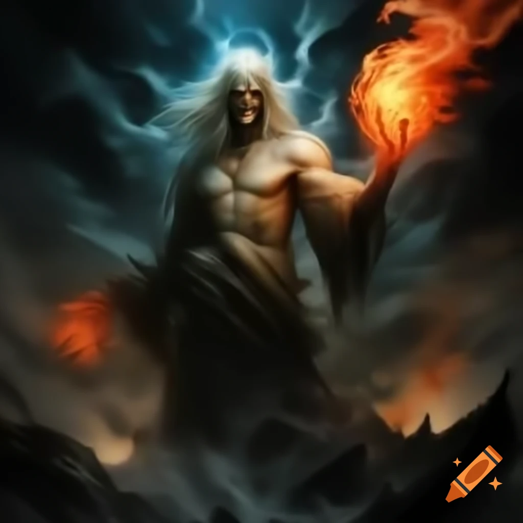 Ethereal figure with fiery claw in dark environment, radiating electric blue energy