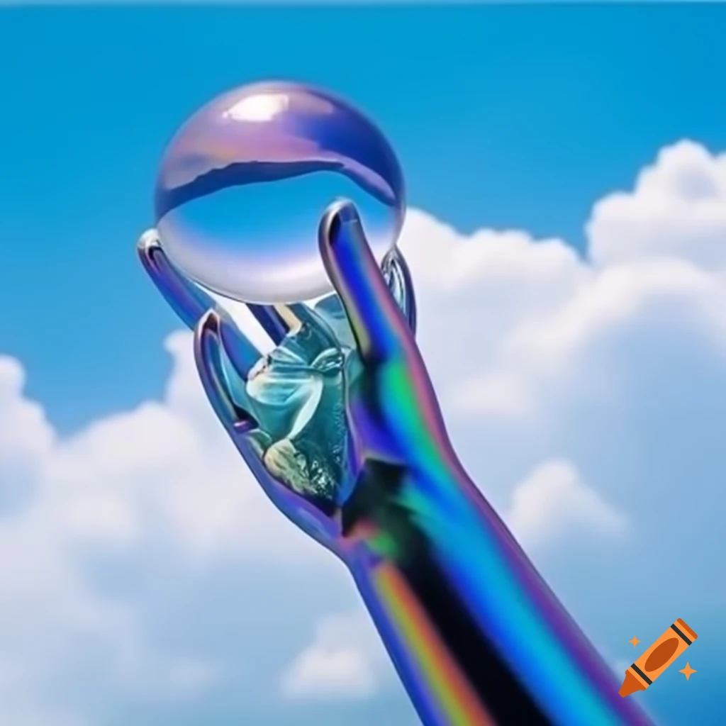 Pop surreal photography featuring iridescent glass statue against bright sky
