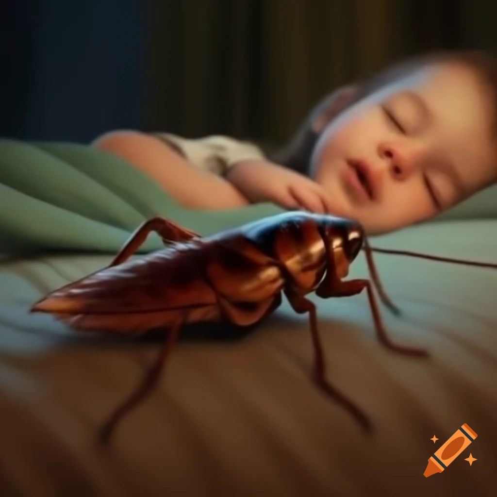 Cockroach on bed near sleeping child