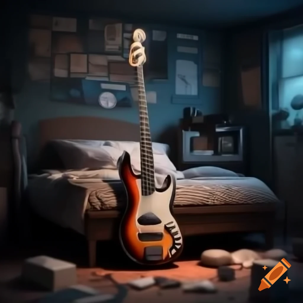Electric bass guitar with black and burnt sienna gradient in a cluttered boy's room