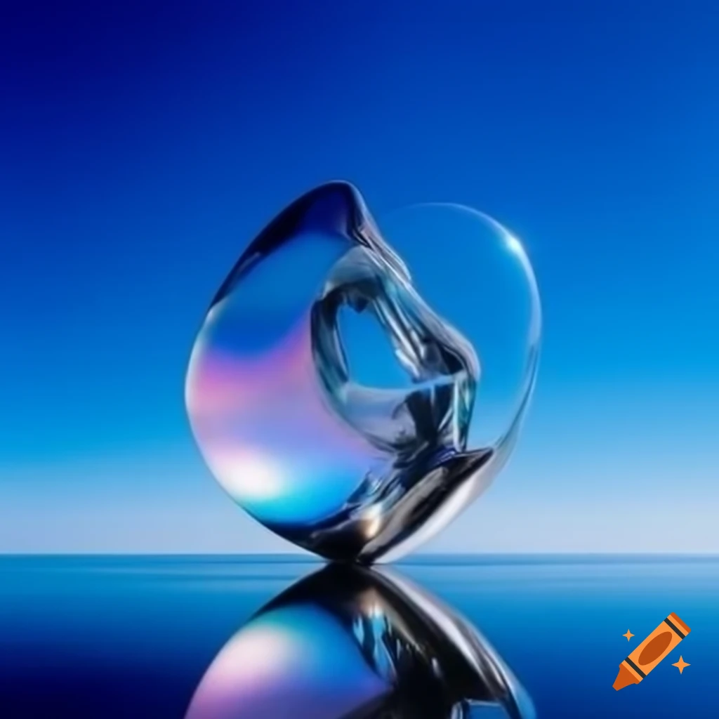 Pop surreal photography featuring iridescent glass statue against bright sky