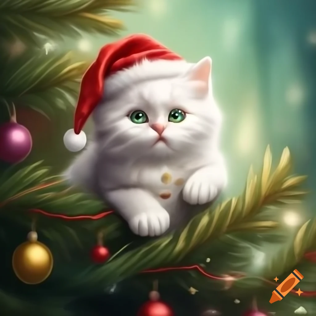 Fluffy white kitten climbing Christmas tree with red and gold tinsel, watercolor storybook style