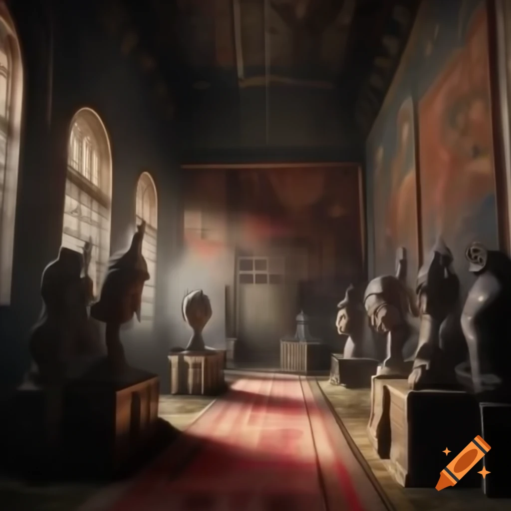 Lavishly decorated hall with rich tapestries and large windows