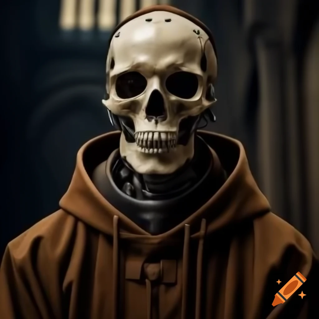 Robot skeleton dressed in friar outfit