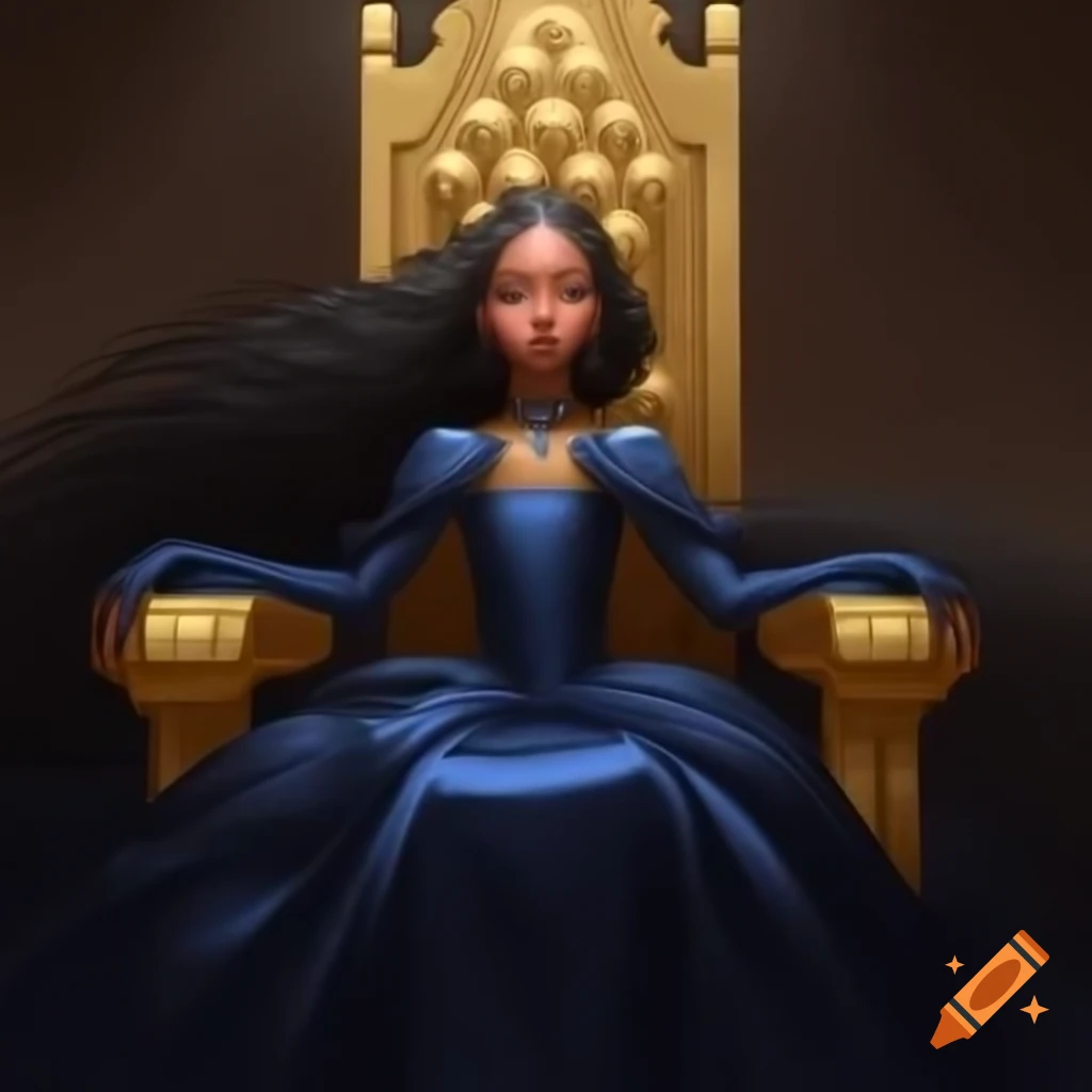 Young empress in sapphire silk dress seated on golden throne