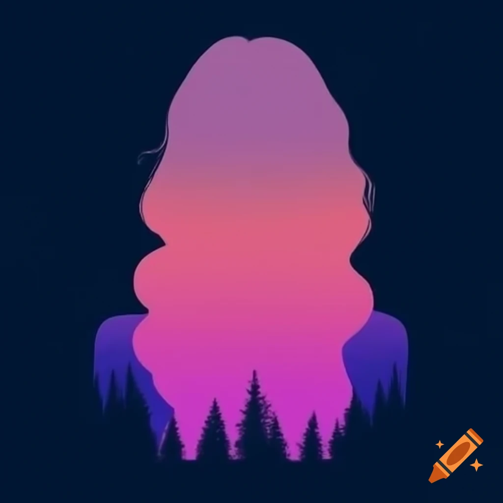 Vibrant silhouette of a woman with long hair in a dramatic forest setting