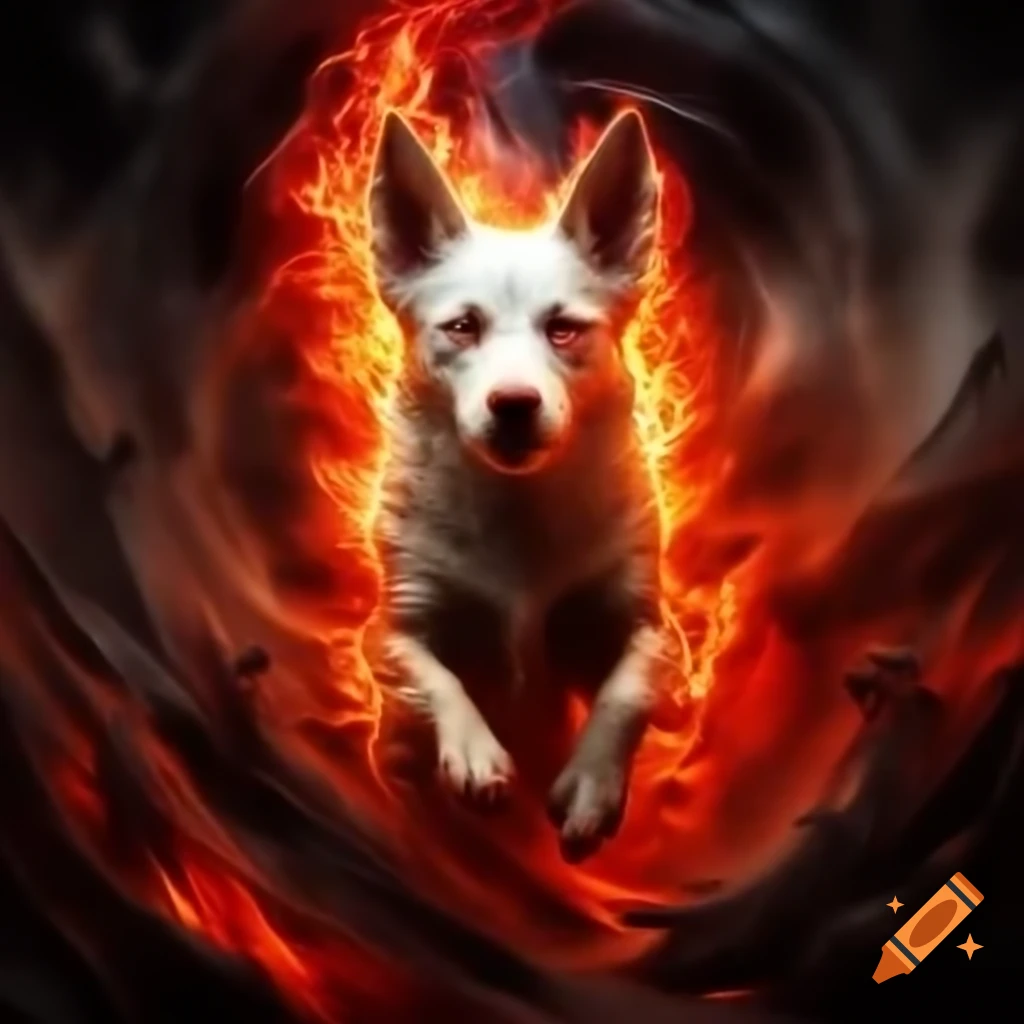 Photorealistic Corgi with fiery red eyes in swirling vortex of flames