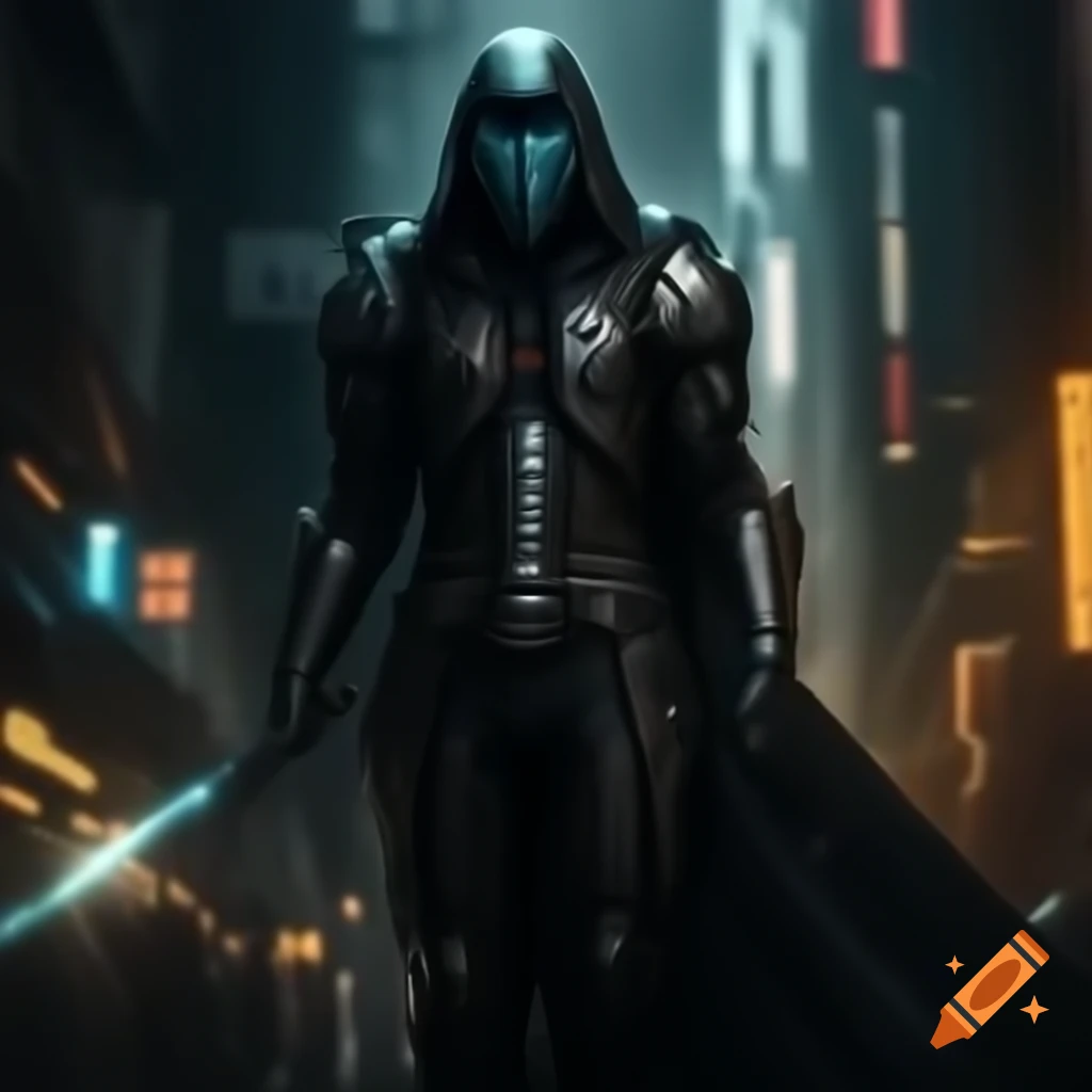 Cyborg warrior in dark armor illuminated by neon lights in a futuristic metropolis