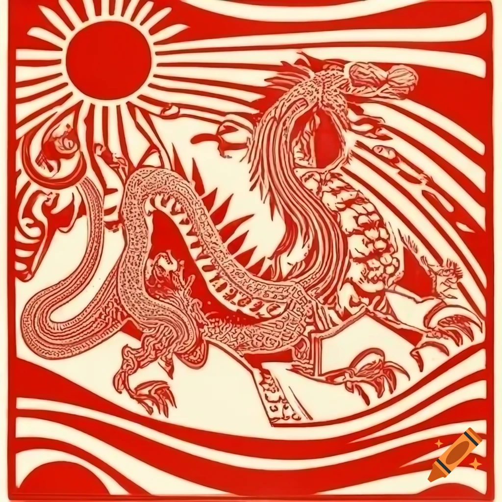 Art nouveau illustration of 'The Great Red Dragon and the Woman Clothed with Sun' with clean bold lines