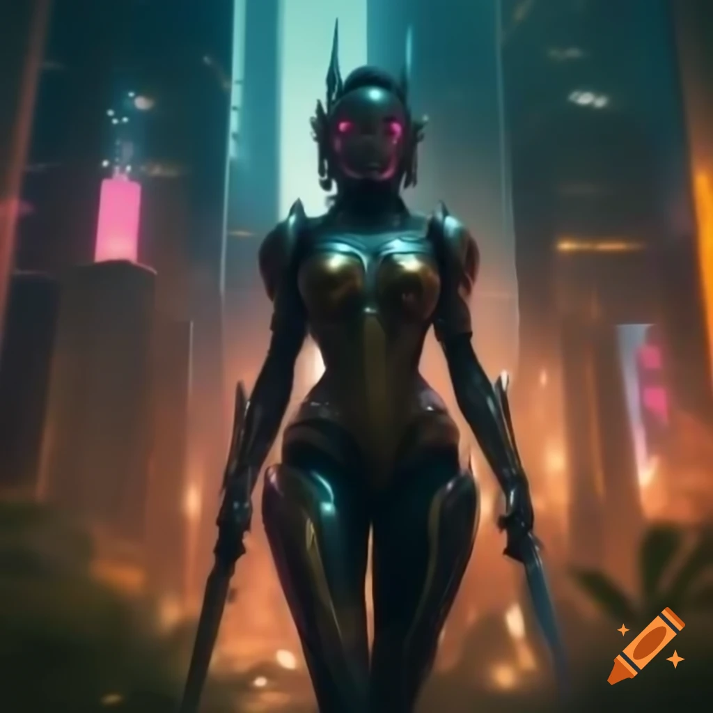 Futuristic warrior in cyborg armor in neon cityscape
