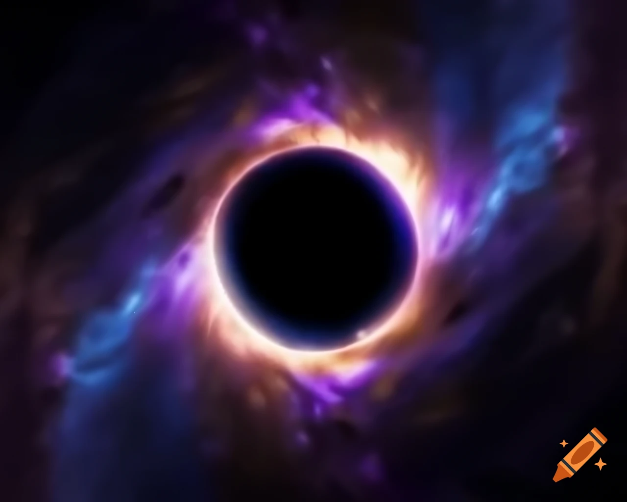 Realistic depiction of a black hole surrounded by stars in dark blue and black with hints of purple and white