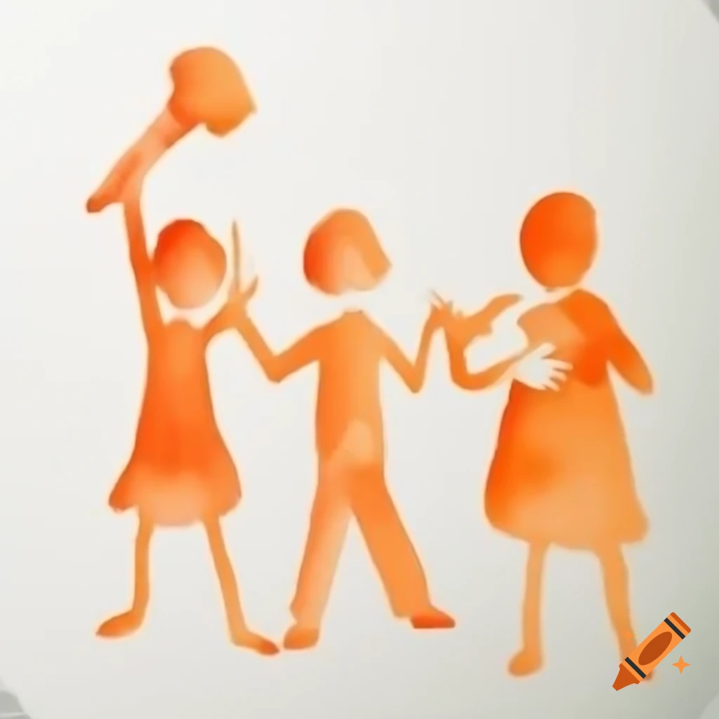 Children playing together in orange watercolor drawing